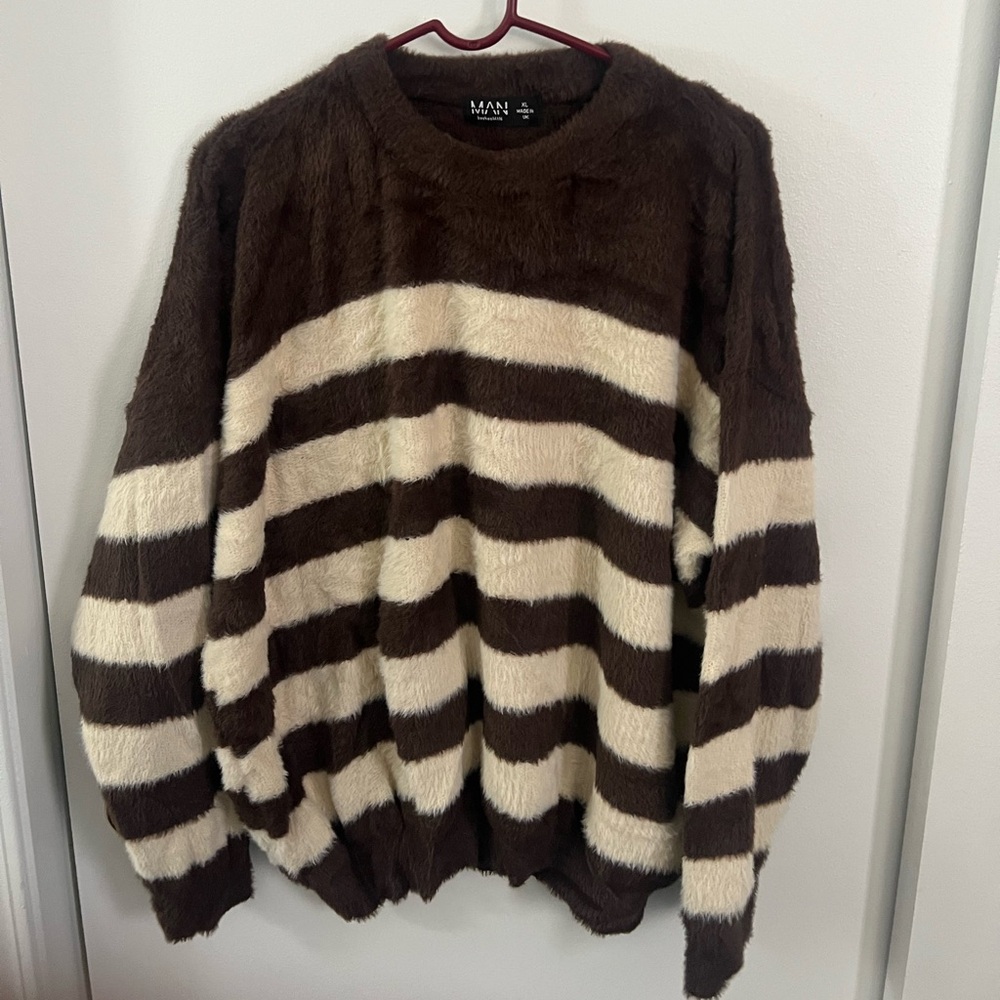 Boohoo Mens Brown and Cream Striped Crewneck Sweater